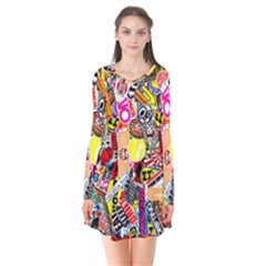 Sticker Bomb, Art, Cartoon, Dope Long Sleeve V-neck Flare Dress by nateshop