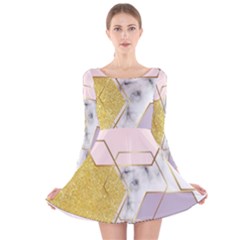 Geometric , Geometric, Gold, Marble, Pattern, Pink, Purple, Long Sleeve Velvet Skater Dress by nateshop