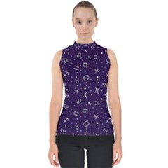 Zodiac Symbols Sign And Stars Pattern Seamless Pattern Mock Neck Shell Top