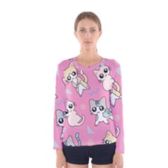 Cute Animal Little Cat Seamless Pattern Women s Long Sleeve T-shirt