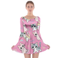 Cute Animal Little Cat Seamless Pattern Long Sleeve Skater Dress