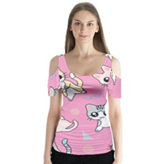 Cute Animal Little Cat Seamless Pattern Butterfly Sleeve Cutout T-shirt 