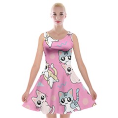 Cute Animal Little Cat Seamless Pattern Velvet Skater Dress by Cemarart