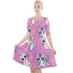 Cute Animal Little Cat Seamless Pattern Quarter Sleeve A-line Dress
