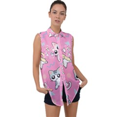 Cute Animal Little Cat Seamless Pattern Sleeveless Chiffon Button Shirt