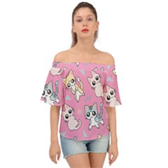 Cute Animal Little Cat Seamless Pattern Off Shoulder Short Sleeve Top by Cemarart