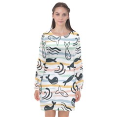 Seamless Vector Pattern With Little Cute Fish Cartoon Long Sleeve Chiffon Shift Dress 