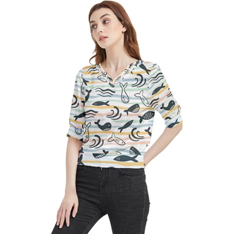 Seamless Vector Pattern With Little Cute Fish Cartoon Quarter Sleeve Blouse by Cemarart