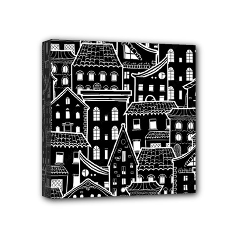 Dark Seamless Pattern With Houses Doodle House Monochrome Mini Canvas 4  X 4  (stretched)