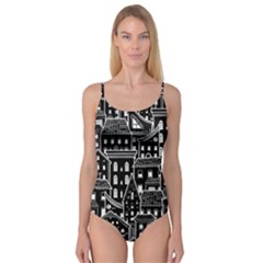 Dark Seamless Pattern With Houses Doodle House Monochrome Camisole Leotard 