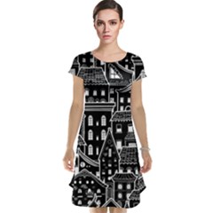 Dark Seamless Pattern With Houses Doodle House Monochrome Cap Sleeve Nightdress