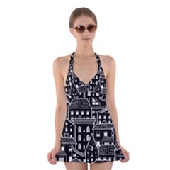 Dark Seamless Pattern With Houses Doodle House Monochrome Halter Dress Swimsuit 