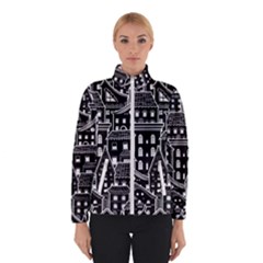 Dark Seamless Pattern With Houses Doodle House Monochrome Women s Bomber Jacket