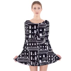 Dark Seamless Pattern With Houses Doodle House Monochrome Long Sleeve Velvet Skater Dress