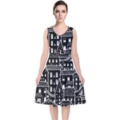 Dark Seamless Pattern With Houses Doodle House Monochrome V-neck Midi Sleeveless Dress  by Cemarart