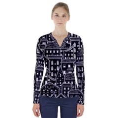 Dark Seamless Pattern With Houses Doodle House Monochrome V-neck Long Sleeve Top by Cemarart