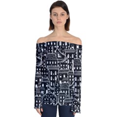 Dark Seamless Pattern With Houses Doodle House Monochrome Off Shoulder Long Sleeve Top