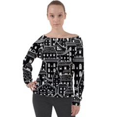 Dark Seamless Pattern With Houses Doodle House Monochrome Off Shoulder Long Sleeve Velour Top