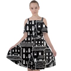Dark Seamless Pattern With Houses Doodle House Monochrome Cut Out Shoulders Chiffon Dress
