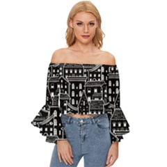 Dark Seamless Pattern With Houses Doodle House Monochrome Off Shoulder Flutter Bell Sleeve Top by Cemarart