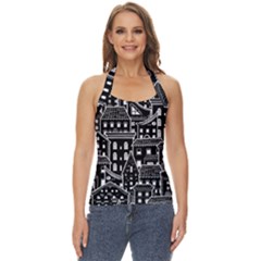 Dark Seamless Pattern With Houses Doodle House Monochrome Basic Halter Top