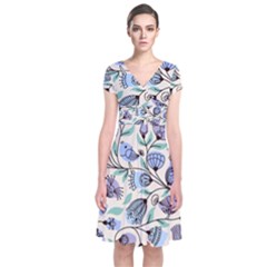 Bird Floral Blue Flower Retro Seamless Pattern Short Sleeve Front Wrap Dress