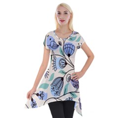 Bird Floral Blue Flower Retro Seamless Pattern Short Sleeve Side Drop Tunic by Cemarart