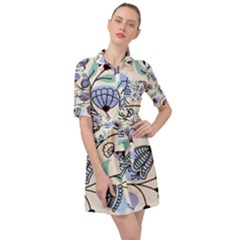 Bird Floral Blue Flower Retro Seamless Pattern Belted Shirt Dress by Cemarart