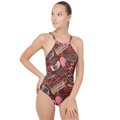 Sweet Food Seamless Pattern High Neck One Piece Swimsuit by Cemarart