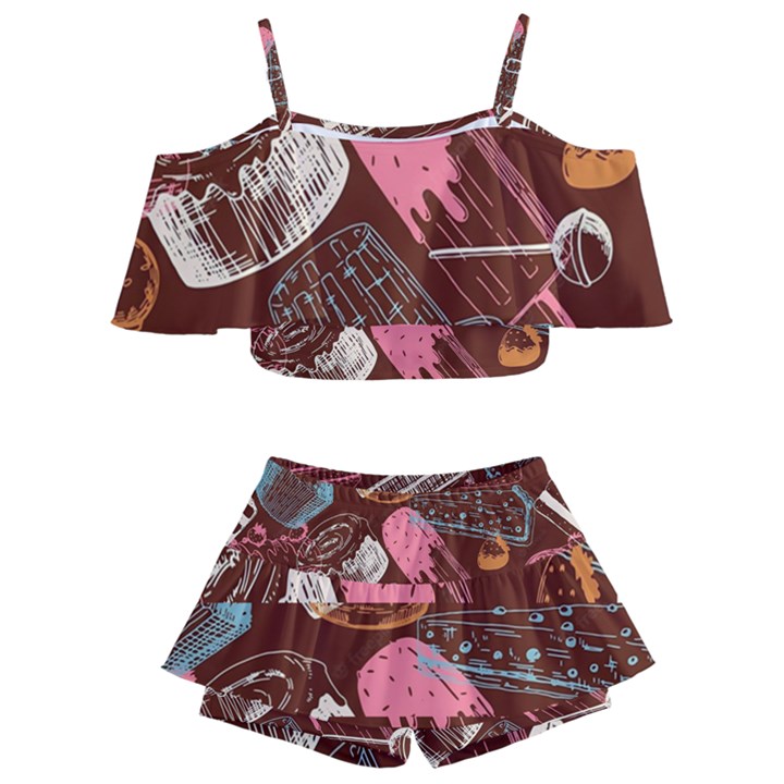 Sweet Food Seamless Pattern Kids  Off Shoulder Skirt Bikini