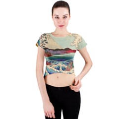 Wave Japanese Mount Fuji Crew Neck Crop Top by Grandong