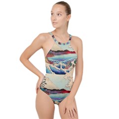 Wave Japanese Mount Fuji High Neck One Piece Swimsuit by Grandong