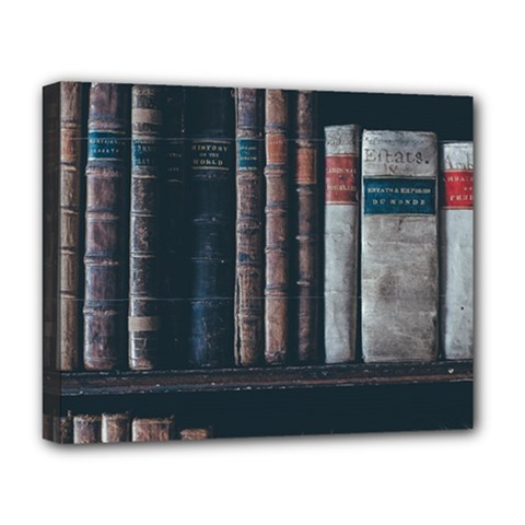 Aged Bookcase Books Bookshelves Deluxe Canvas 20  X 16  (stretched) by Grandong