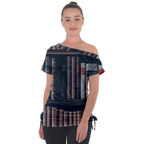 Aged Bookcase Books Bookshelves Off Shoulder Tie-up T-shirt by Grandong