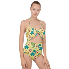 Seamless Pattern With Cute Dinosaurs Character Scallop Top Cut Out Swimsuit by Ndabl3x