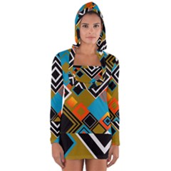 Retro Pattern Abstract Art Colorful Square Long Sleeve Hooded T-shirt by Ndabl3x