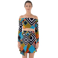 Retro Pattern Abstract Art Colorful Square Off Shoulder Top With Skirt Set