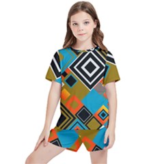 Retro Pattern Abstract Art Colorful Square Kids  T-shirt And Sports Shorts Set by Ndabl3x