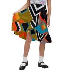 Retro Pattern Abstract Art Colorful Square Kids  Ruffle Flared Wrap Midi Skirt by Ndabl3x