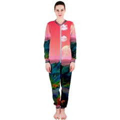 Unicorn Valley Aesthetic Clouds Landscape Mountain Nature Pop Art Surrealism Retrowave Onepiece Jumpsuit (ladies) by Cemarart