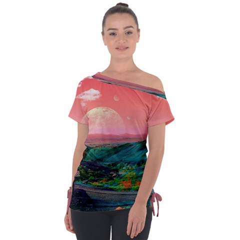 Unicorn Valley Aesthetic Clouds Landscape Mountain Nature Pop Art Surrealism Retrowave Off Shoulder Tie-up T-shirt by Cemarart