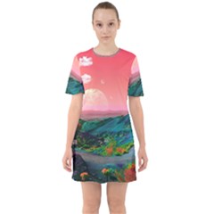 Unicorn Valley Aesthetic Clouds Landscape Mountain Nature Pop Art Surrealism Retrowave Sixties Short Sleeve Mini Dress by Cemarart