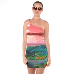 Unicorn Valley Aesthetic Clouds Landscape Mountain Nature Pop Art Surrealism Retrowave One Shoulder Ring Trim Bodycon Dress by Cemarart