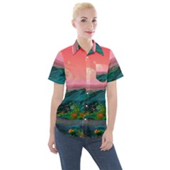 Unicorn Valley Aesthetic Clouds Landscape Mountain Nature Pop Art Surrealism Retrowave Women s Short Sleeve Pocket Shirt