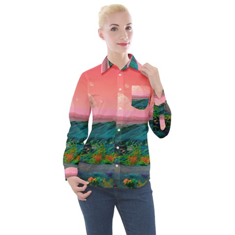 Unicorn Valley Aesthetic Clouds Landscape Mountain Nature Pop Art Surrealism Retrowave Women s Long Sleeve Pocket Shirt by Cemarart
