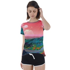 Unicorn Valley Aesthetic Clouds Landscape Mountain Nature Pop Art Surrealism Retrowave Short Sleeve Open Back T-shirt by Cemarart