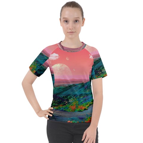 Unicorn Valley Aesthetic Clouds Landscape Mountain Nature Pop Art Surrealism Retrowave Women s Sport Raglan T-shirt by Cemarart