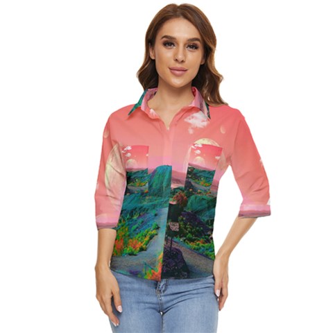 Unicorn Valley Aesthetic Clouds Landscape Mountain Nature Pop Art Surrealism Retrowave Women s Quarter Sleeve Pocket Shirt by Cemarart