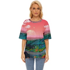 Unicorn Valley Aesthetic Clouds Landscape Mountain Nature Pop Art Surrealism Retrowave Oversized Basic T-shirt by Cemarart