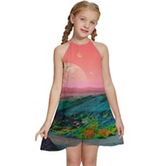 Unicorn Valley Aesthetic Clouds Landscape Mountain Nature Pop Art Surrealism Retrowave Kids  Halter Collar Waist Tie Chiffon Dress by Cemarart